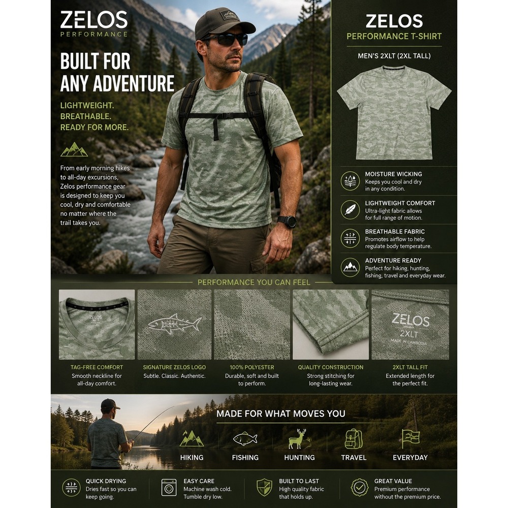 Zelos Men's 2XLT Green Camo Performance Athletic T-Shirt Short Sleeve Polyester